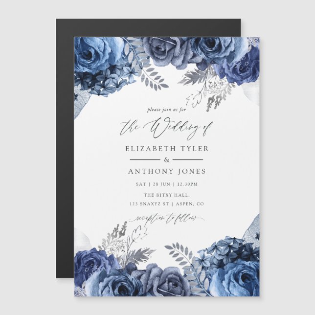 Hochzeit von Seestreitkräften und Weiß mit Silberf Magneteinladung (Vorne/Hinten)