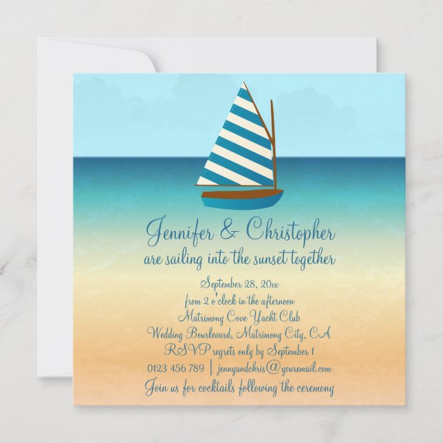 Hochzeit von Segelbooten in Blau und Weiß Einladung (Vorderseite)