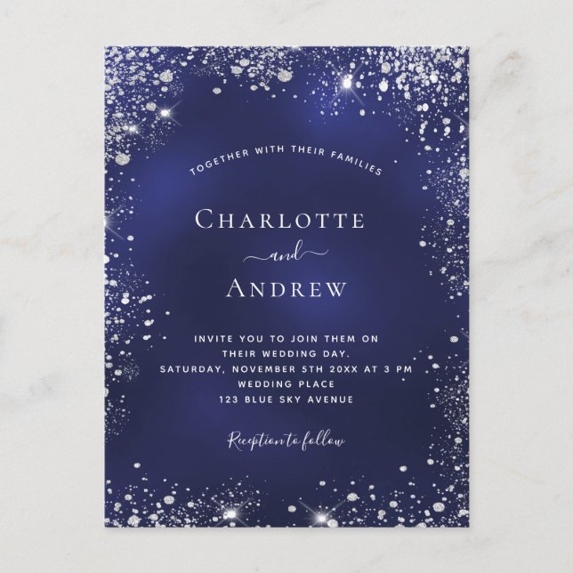 Hochzeit von Silberstaub in Navy-Glitzer Einladungspostkarte (Vorderseite)