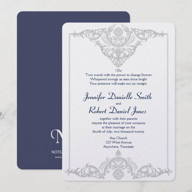 Hochzeit von Silver White und Navy Damask Einladung (Vorne/Hinten)