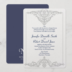 Hochzeit von Silver White und Navy Damask Einladung