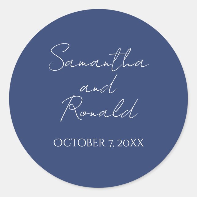 Hochzeit von Slate Blue Minimalistisch Calligraphy Runder Aufkleber (Vorderseite)