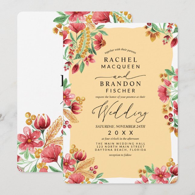 Hochzeit von sommerlich gelben rosa, blühenden Was Einladung (Vorne/Hinten)