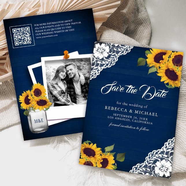 Hochzeit von Sonnenblumen Navy Blue Foto QR Code Save The Date (Von Creator hochgeladen)