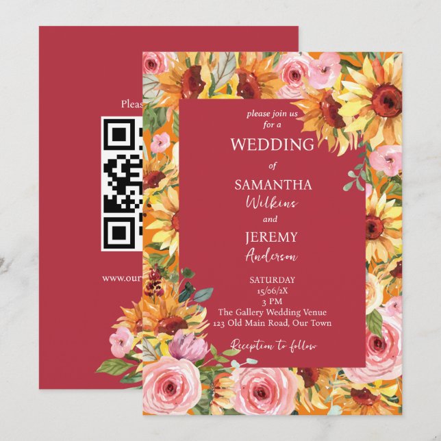 Hochzeit von Sonnenblumen und Rosen Einladung (Vorne/Hinten)