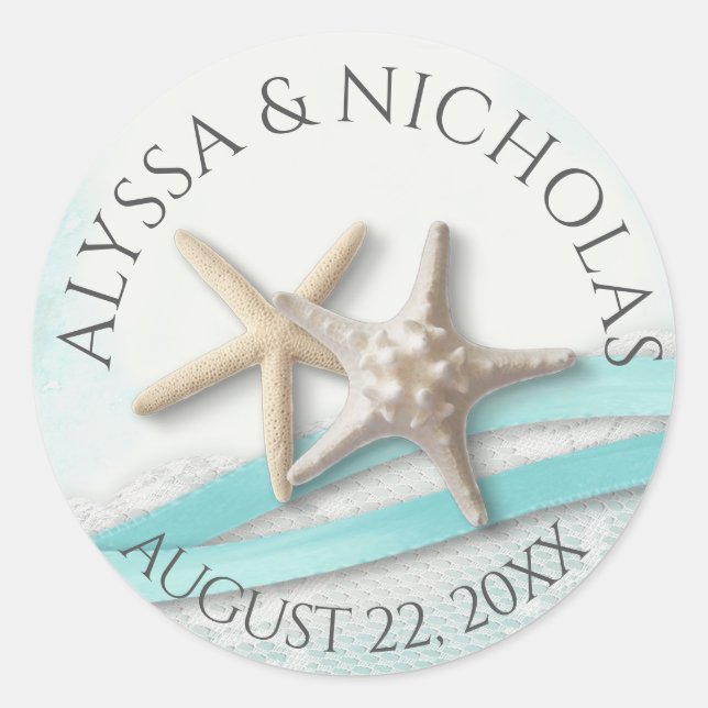 Hochzeit von Starfish Ribbon und Lace Turquoise Runder Aufkleber (Vorderseite)