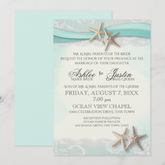 Hochzeit von Starfish und Lace Beach Aqua Einladung (Vorne/Hinten)