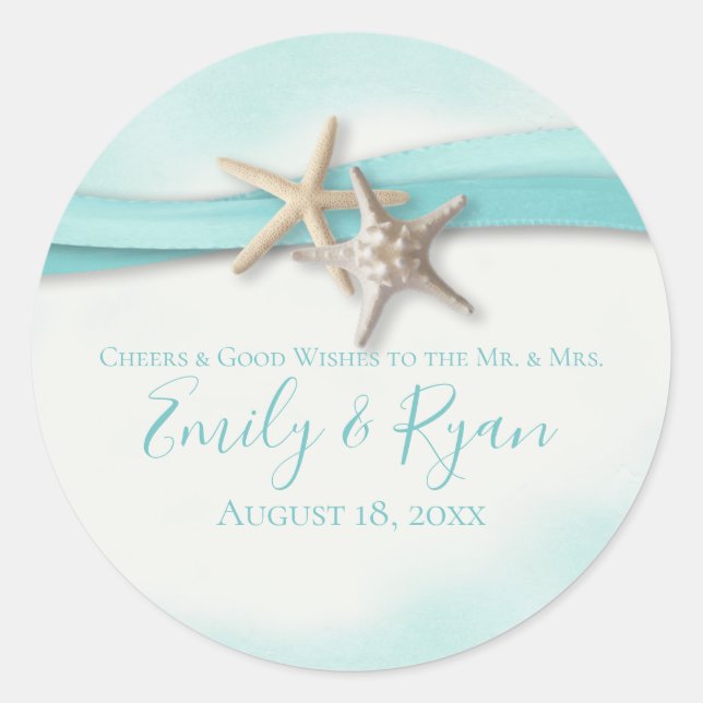 Hochzeit von Starfish und Ribbon Türkis Runder Aufkleber (Vorderseite)