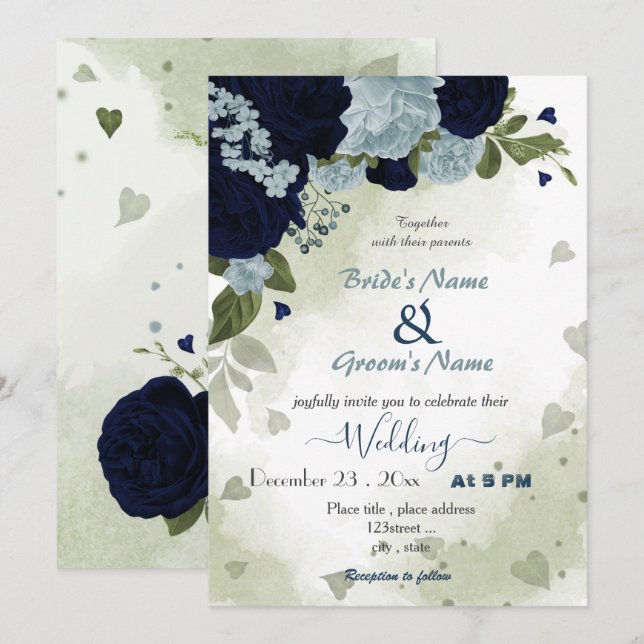 Hochzeit von staubblauen und marinen Blume Einladung (Vorne/Hinten)