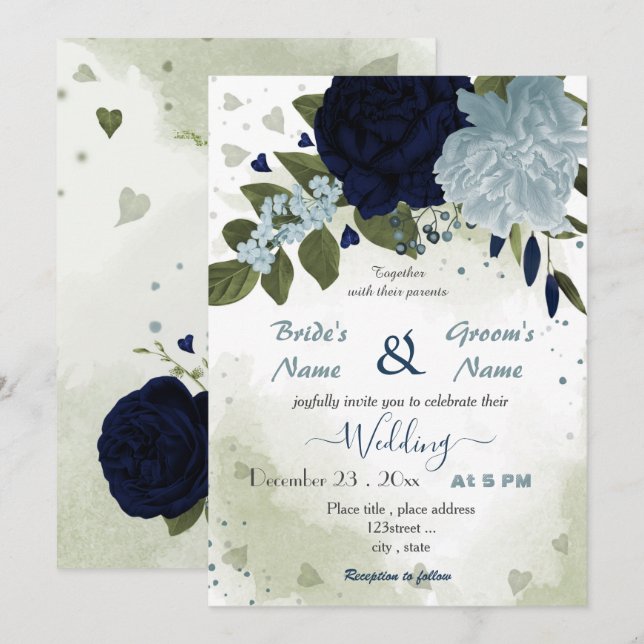 Hochzeit von staubblauen und marinen Blume Einladung (Vorne/Hinten)