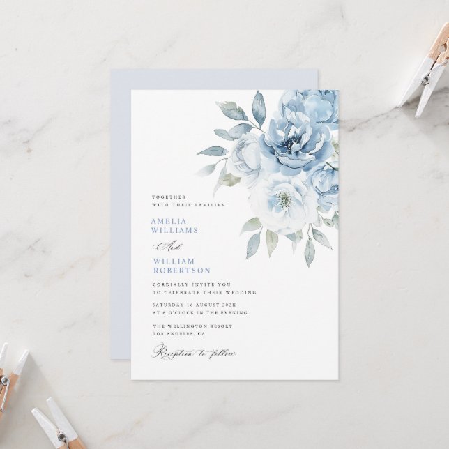 Hochzeit von staubblauer Blütenkalligrafie Einladung (Vorderseite/Rückseite Beispiel)