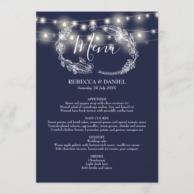Hochzeit von String Lights Navy Blue Floral Menükarte (Vorderseite)