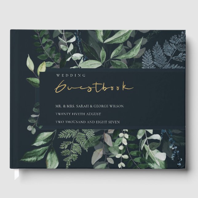 Hochzeit von tropischen Blättern mit schwarzem grü Gästebuch (Vorderseite)