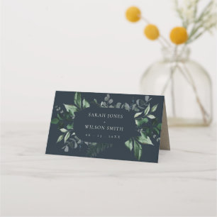 Hochzeit von tropischen Blättern mit schwarzem grü Platzkarte