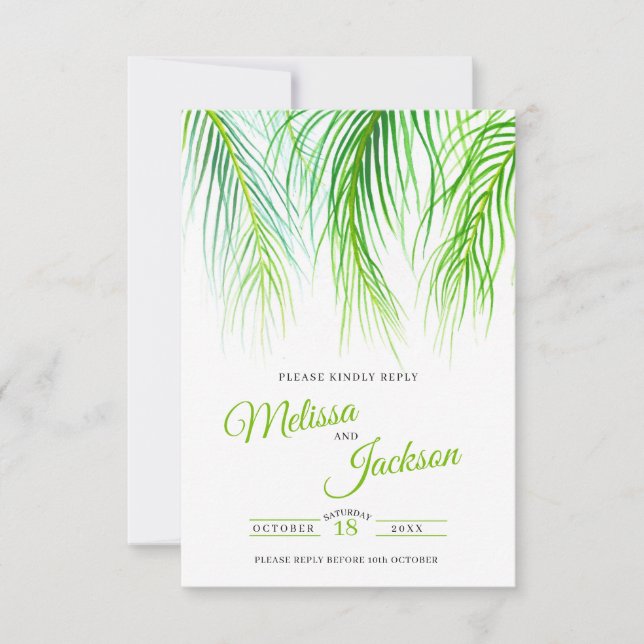 Hochzeit von tropischen Blattfarben RSVP Karte (Vorderseite)