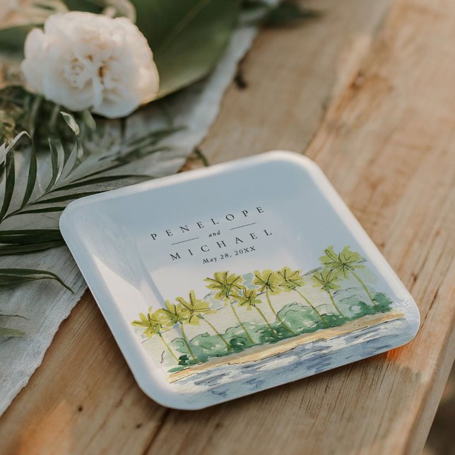 Hochzeit von tropischen Wasserfarben im Palmenhain Pappteller (Tropical watercolor beach palm trees elegant wedding paper plates.)