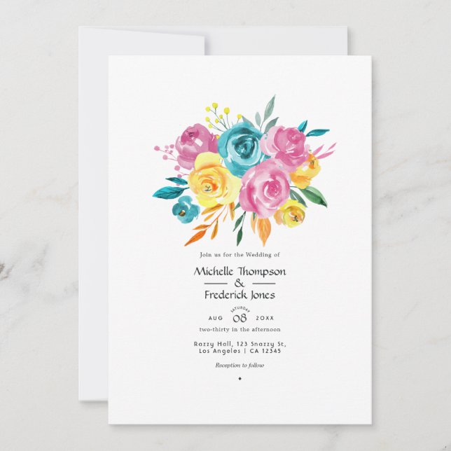Hochzeit von Türkis, Rosa und Gelb Einladung (Vorderseite)