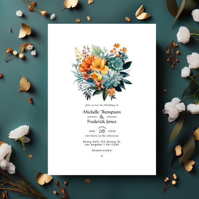 Hochzeit von Verdigris und Gold Floral Einladung (Von Creator hochgeladen)