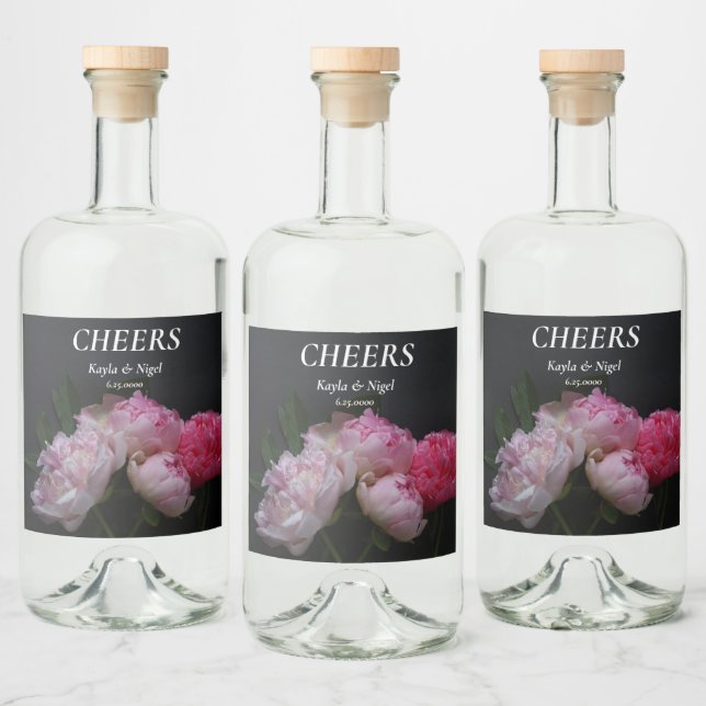 Hochzeit von vier rosafarbenen Bauern Alkoholflaschenetikett (Flaschen)