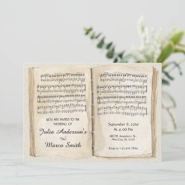 Hochzeit von Vintagen Notenblättern Einladung (Stehend Vorderseite)