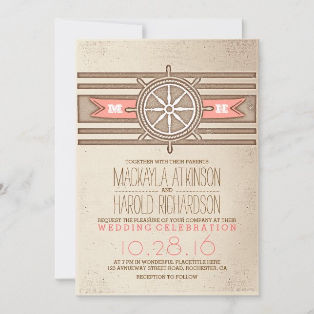 Hochzeit von Vintagen Seekorallen Einladung (Vorderseite)