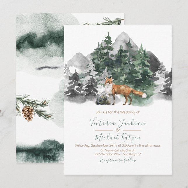 Hochzeit von Waldland fox Watercolor Einladung (Vorne/Hinten)