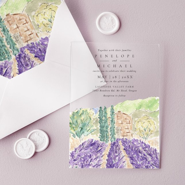 Hochzeit von Wasserfarben-Lavendelfeldern Acryleinladungen (Modern Watercolor Lavender Fields Wedding Acrylic Invitations)