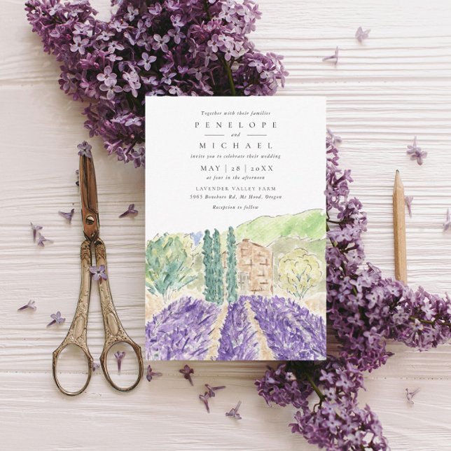Hochzeit von Wasserfarben-Lavendelfeldern Einladung (Watercolor lavender fields wedding invitation.)