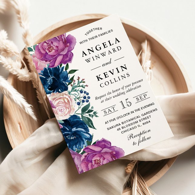 Hochzeit von Wasserfarben und violetten Blumen Einladung (Von Creator hochgeladen)
