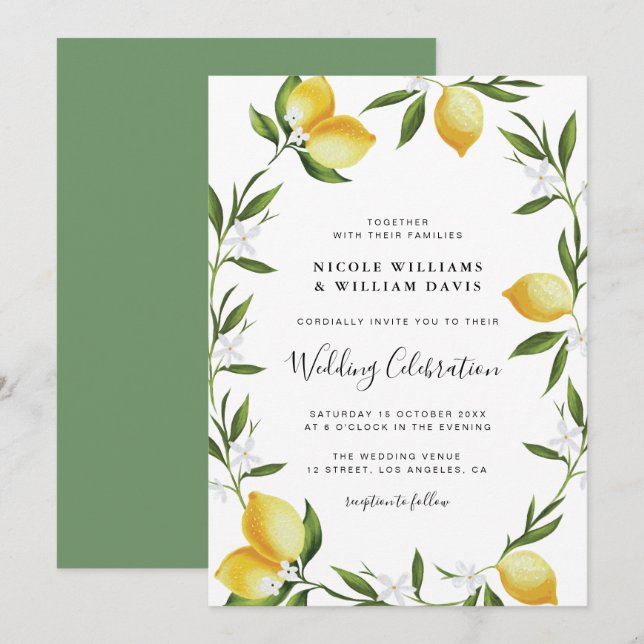 Hochzeit von Wasserfarbenlemonen mit elegantem Skr Einladung (Vorne/Hinten)