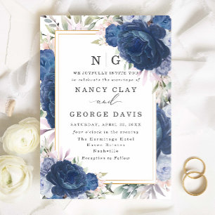 Hochzeit von Watercolor Blue & Navy Floral Monogra Einladung