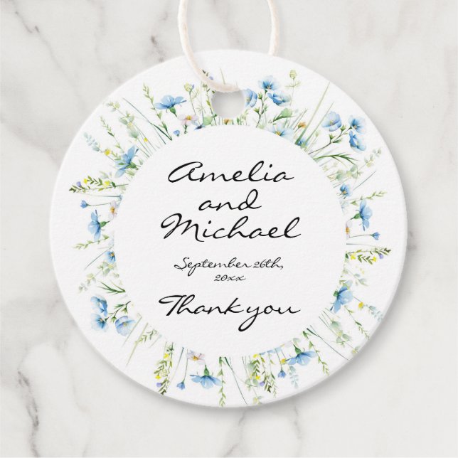 Hochzeit von Watercolor Blue Wildblumen Geschenkanhänger (Vorderseite)
