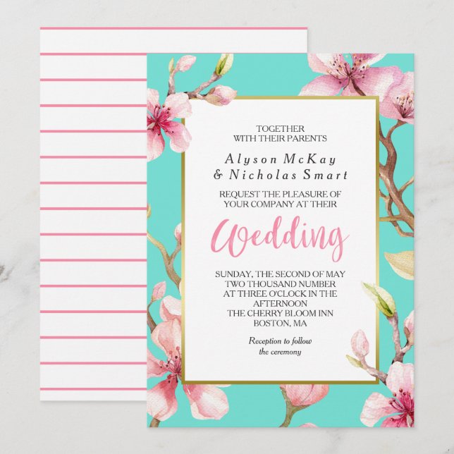 Hochzeit von Watercolor Cherry Blossom Einladung (Vorne/Hinten)