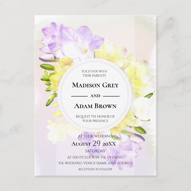 Hochzeit von Watercolor Freesia Blume Einladungspostkarte (Vorderseite)
