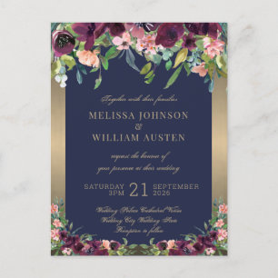 Hochzeit von Watercolor, Gold Floral Einladungspostkarte