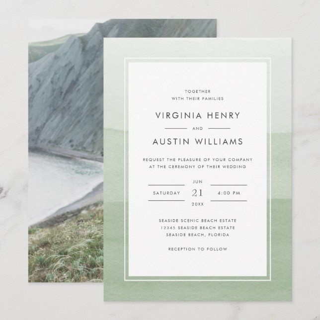 Hochzeit von Watercolor Green Foto Einladung (Vorne/Hinten)
