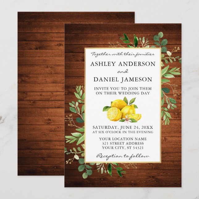 Hochzeit von Watercolor Lemons Wood Greenerity Einladung (Vorne/Hinten)