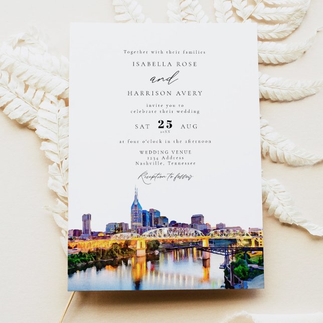Hochzeit von Watercolor Nashville Tennessee Skylin Einladung (Von Creator hochgeladen)