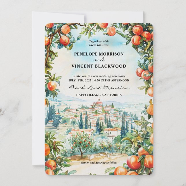 Hochzeit von Watercolor Peach City Einladung (Vorderseite)