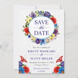 Hochzeit von Watercolor Red and Blue Summer Wreath Save The Date