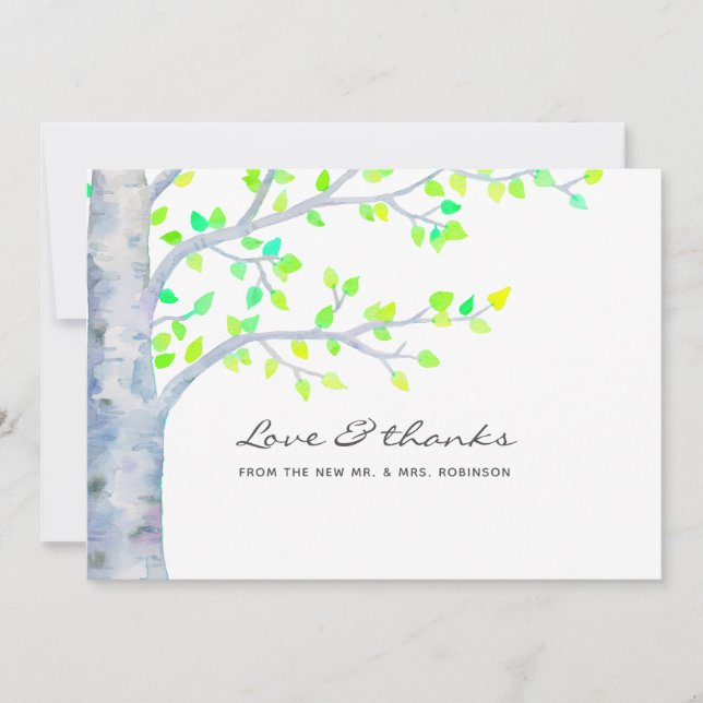 Hochzeit von Watercolor Spring Birch Tree Dankeskarte (Vorderseite)