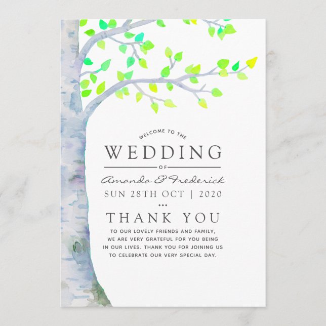 Hochzeit von Watercolor Spring Birch Tree Programm (Vorderseite)