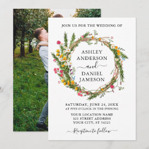 Hochzeit von Watercolor Wildblume Wreath Foto Einladung