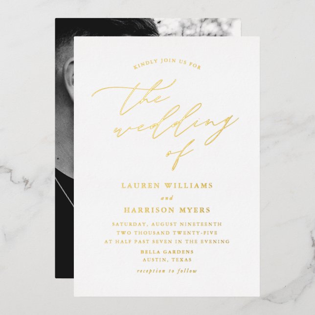 Hochzeit von White and Gold Script-Fotos Folieneinladung (Vorderseite/Rückseite)