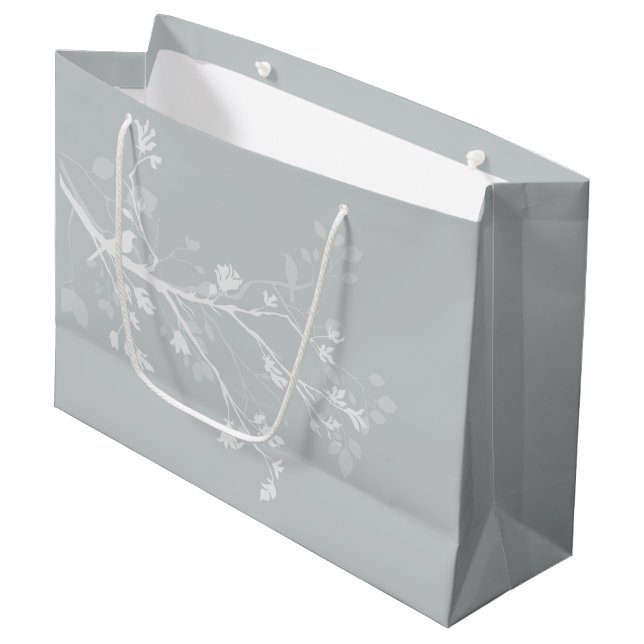 Hochzeit von White Gray Bird Branches Große Geschenktüte (Vorderseite Schrägansicht)