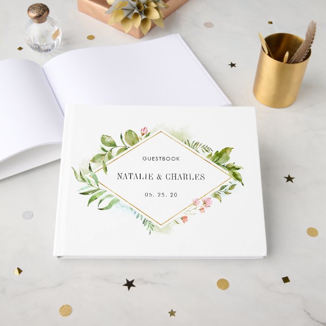 Hochzeit von Wild-Blattwerk in Aquarellen Gästebuch (Vorderseite Offen)