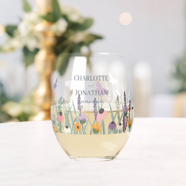 Hochzeit von Wildblumen und Schmetterlingen Weinglas Ohne Stiel (Insitu (Hochzeit))