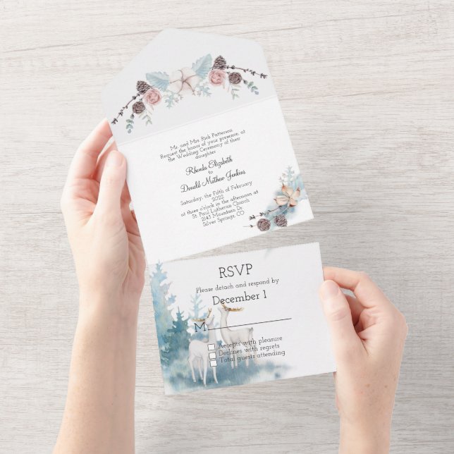 Hochzeit von Winterhirschen und Foliage All In One Einladung (Abreißen)