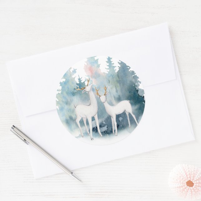 Hochzeit von Winterhirschen und Foliage Runder Aufkleber (Umschlag)