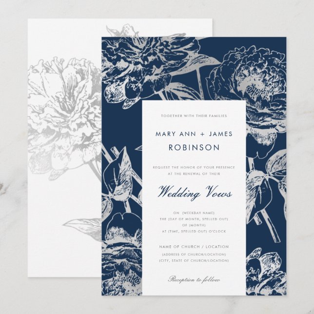 Hochzeit Vow Renewal Simple Floral Silver Navy Bla Einladung (Vorne/Hinten)